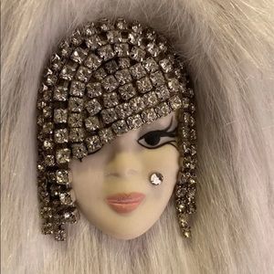 Vintage BEATRIZ Signed Porcelain Flapper Face and Rhinestone Accented Brooch